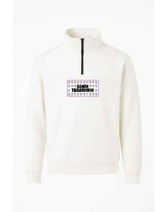 Ön Arka Yarım Fermuarlı Oversize Yakalı Basic weathirt  Beyaz