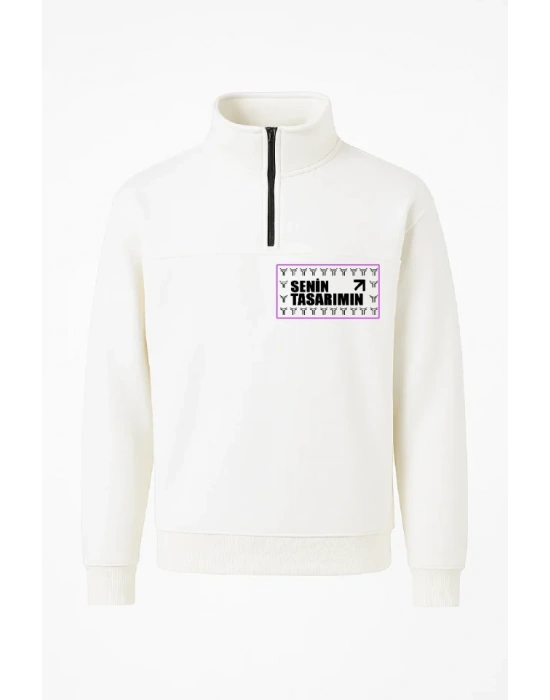 Ön Arka Yarım Fermuarlı Oversize Yakalı Basic weathirt  Beyaz