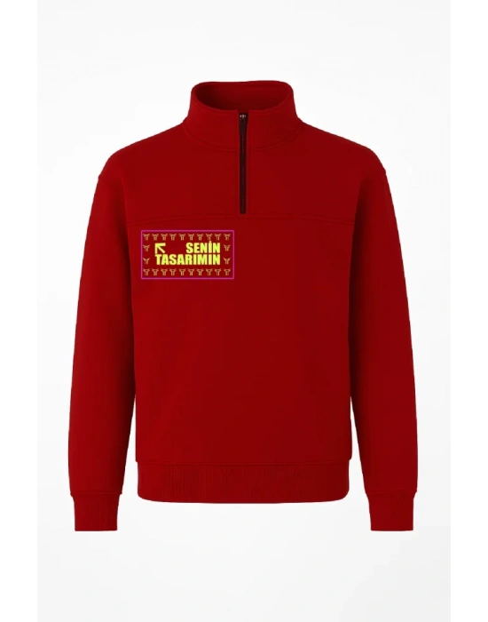 Ön Arka Yarım Fermuarlı Oversize Yakalı Basic weathirt  Kırmızı