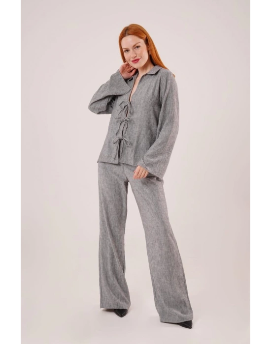 Ön Bağlama Detaylı Pantolon Ve Gömlek Antrasit İkili Takım