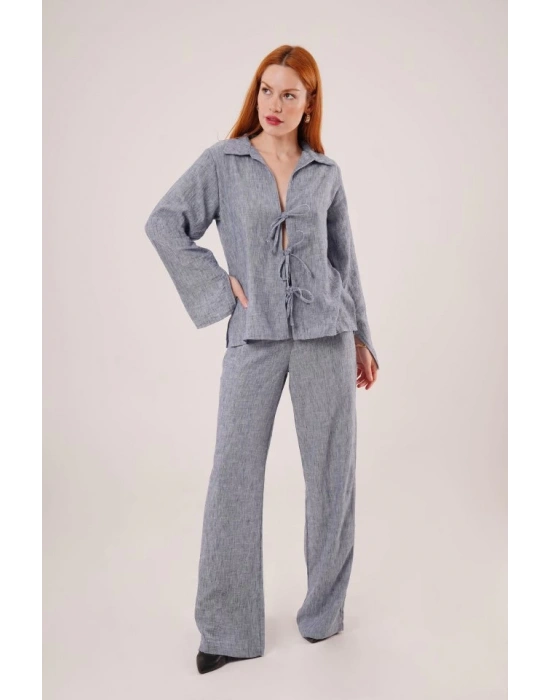 Ön Bağlama Detaylı Pantolon Ve Gömlek İndigo İkili Takım