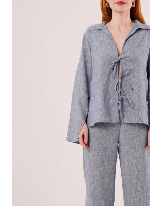 Ön Bağlama Detaylı Pantolon Ve Gömlek İndigo İkili Takım