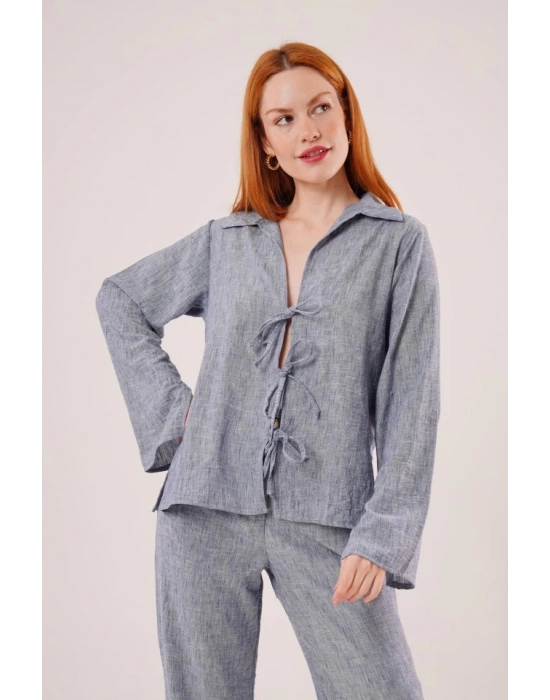 Ön Bağlama Detaylı Pantolon Ve Gömlek İndigo İkili Takım