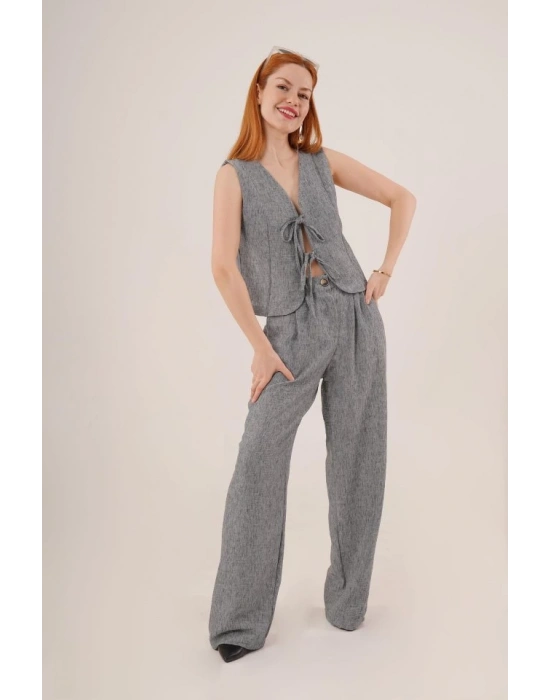 Ön Bağlama Detaylı Yelek Ve Pantolon Antrasit İkili Takım