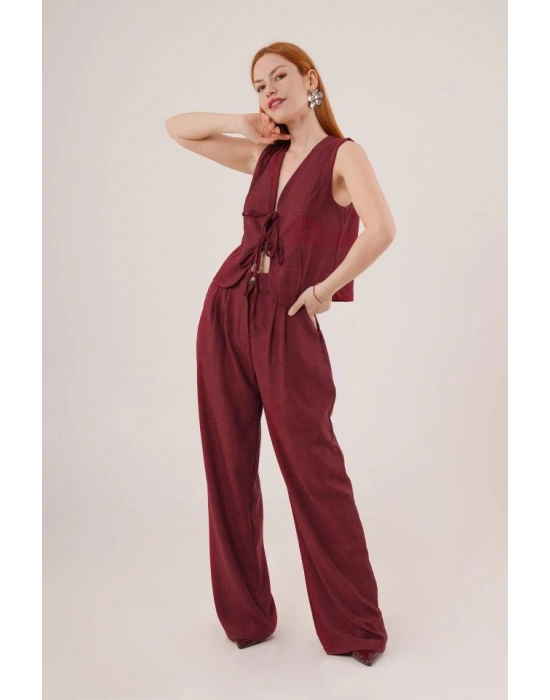 Ön Bağlama Detaylı Yelek Ve Pantolon Bordo İkili Takım