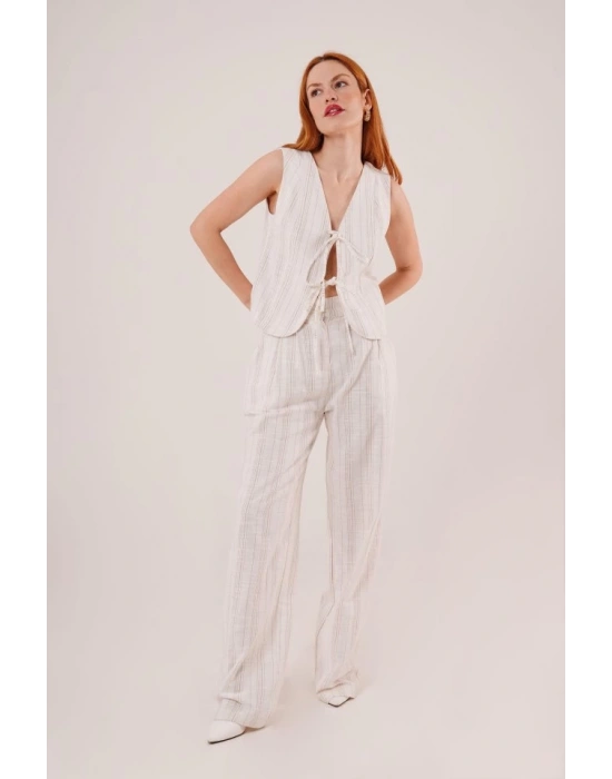 Ön Bağlama Detaylı Yelek Ve Pantolon Ekru Çizgili İkili Takım