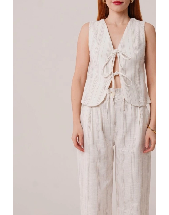 Ön Bağlama Detaylı Yelek Ve Pantolon Ekru Çizgili İkili Takım