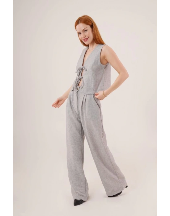 Ön Bağlama Detaylı Yelek Ve Pantolon Gri İkili Takım