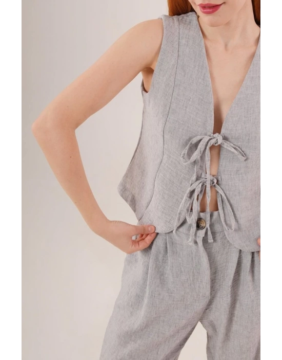 Ön Bağlama Detaylı Yelek Ve Pantolon Gri İkili Takım