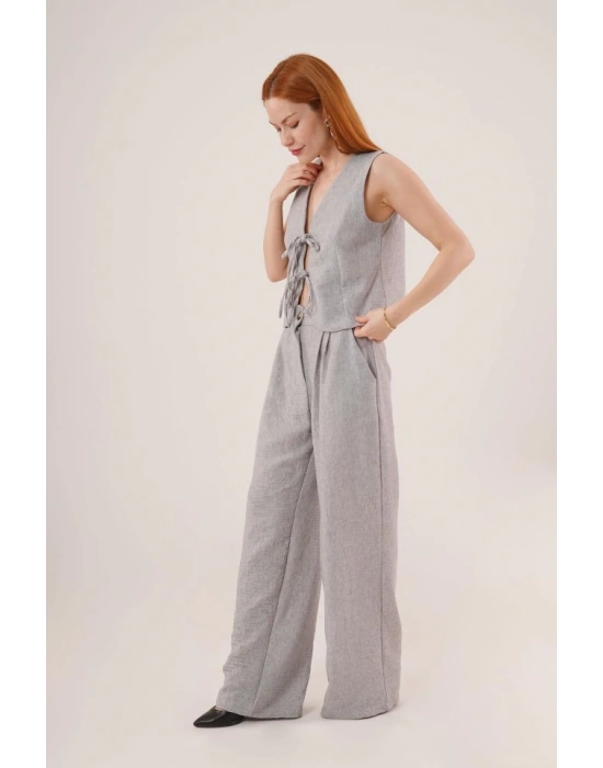 Ön Bağlama Detaylı Yelek Ve Pantolon Gri İkili Takım