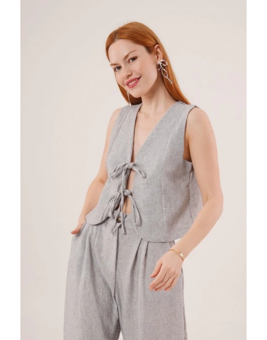 Ön Bağlama Detaylı Yelek Ve Pantolon Gri İkili Takım