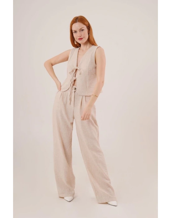 Ön Bağlama Detaylı Yelek Ve Pantolon Taş İkili Takım