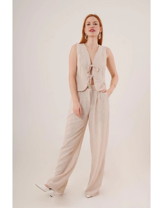 Ön Bağlama Detaylı Yelek Ve Pantolon Taş İkili Takım