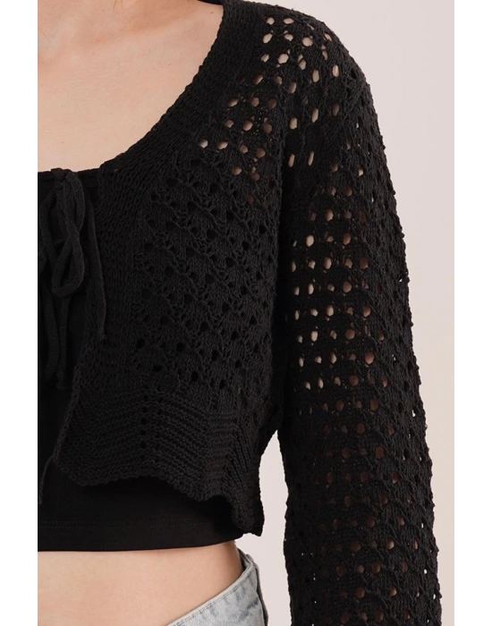 Ön Bağlamalı Ajurlu Crop Siyah Hırka