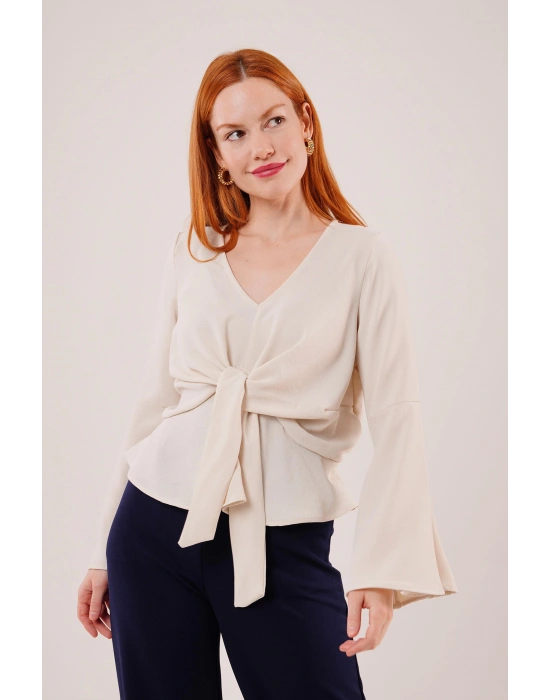 Ön Bağlamalı Volan Kol Ekru Bluz