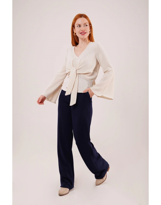 Ön Bağlamalı Volan Kol Ekru Bluz