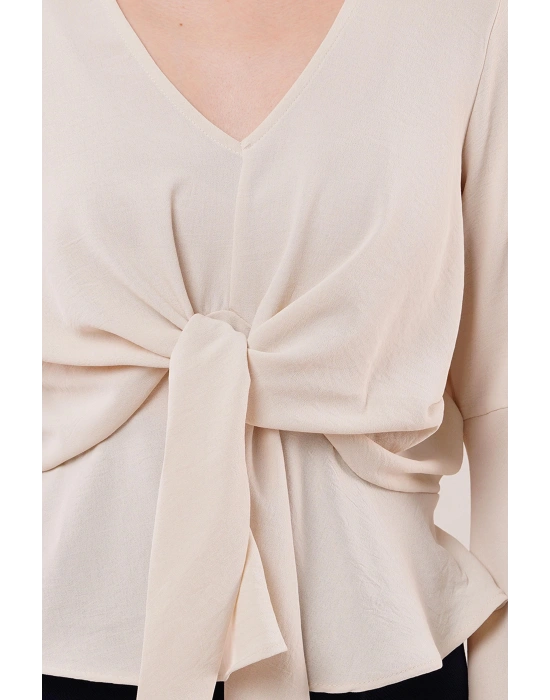 Ön Bağlamalı Volan Kol Ekru Bluz