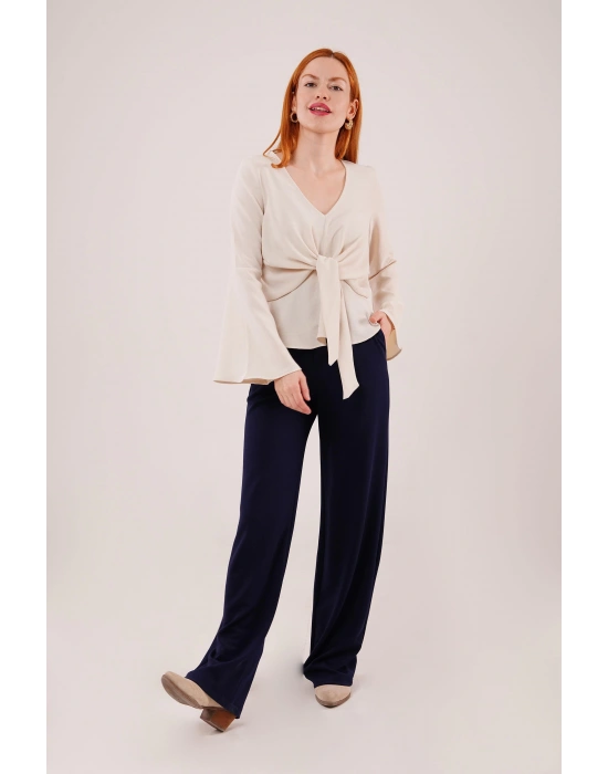 Ön Bağlamalı Volan Kol Ekru Bluz