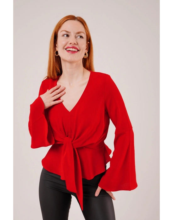Ön Bağlamalı Volan Kol Kırmızı Bluz