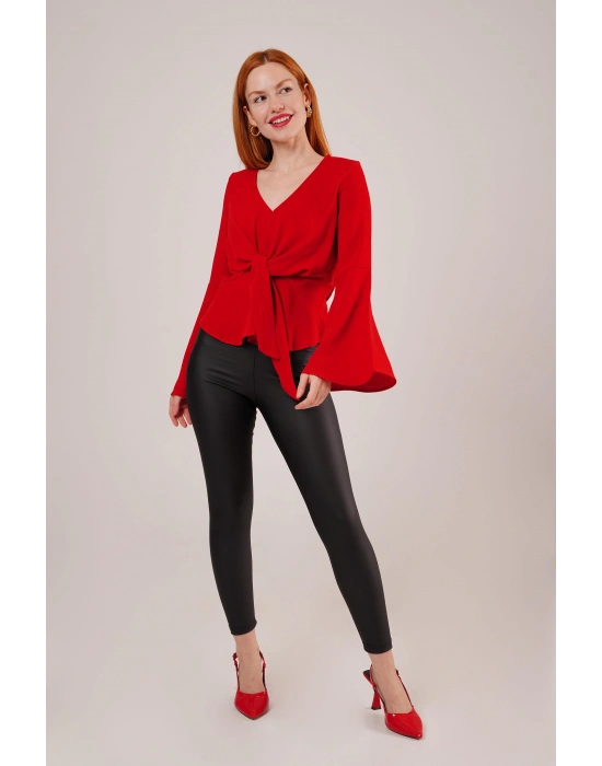 Ön Bağlamalı Volan Kol Kırmızı Bluz