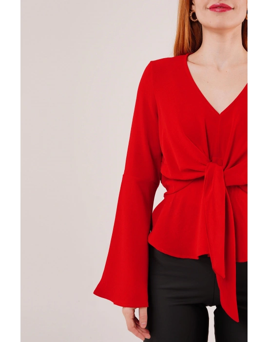 Ön Bağlamalı Volan Kol Kırmızı Bluz