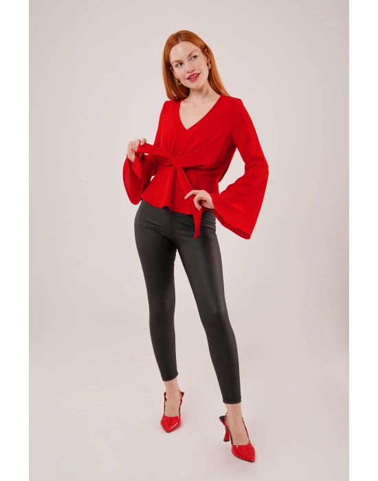 Ön Bağlamalı Volan Kol Kırmızı Bluz