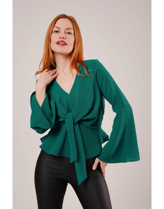 Ön Bağlamalı Volan Kol Yeşil Bluz