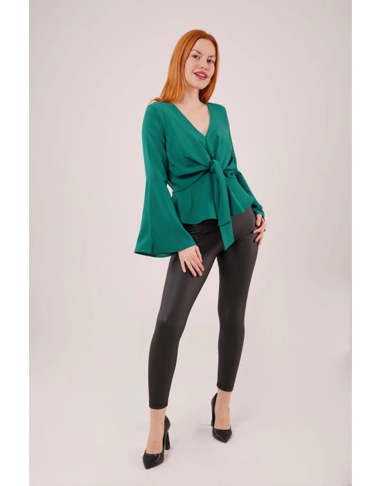 Ön Bağlamalı Volan Kol Yeşil Bluz