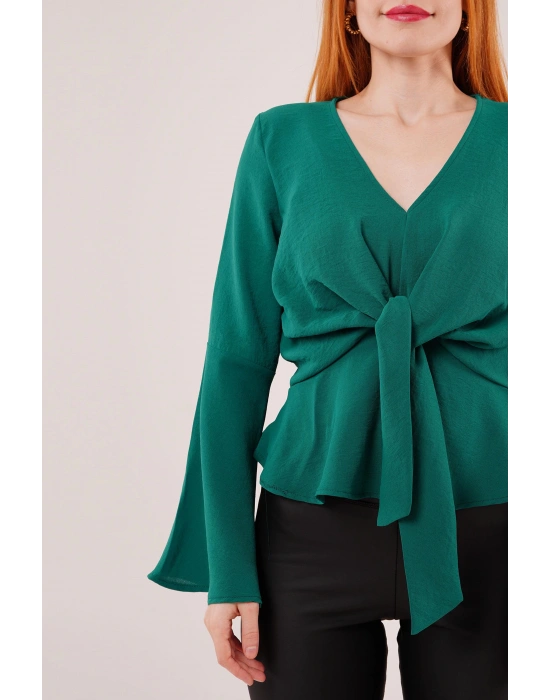 Ön Bağlamalı Volan Kol Yeşil Bluz