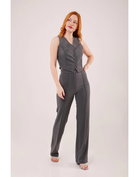 Ön Dikiş Detaylı Tek Düğme Gri Pantolon