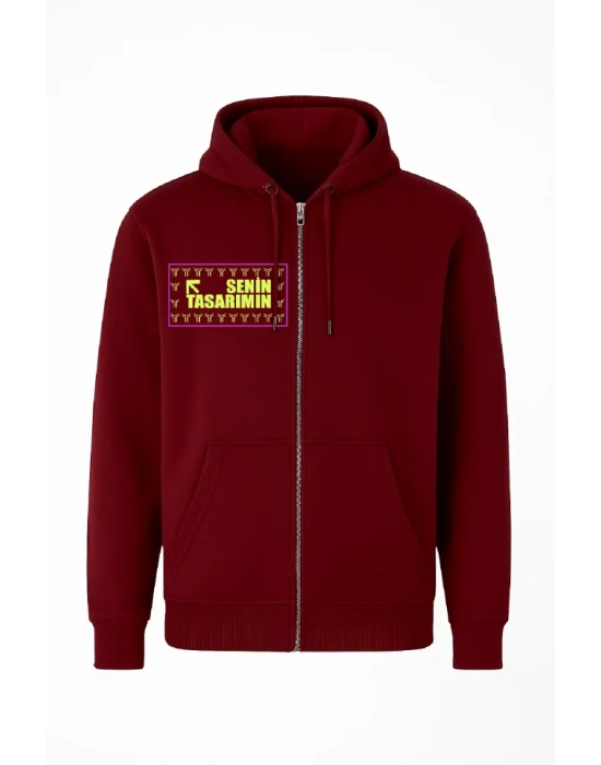 Ön Tam Fermuarlı Kapüşonlu weathirt  Bordo