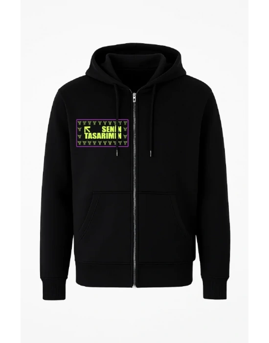 Ön Tam Fermuarlı Kapüşonlu weathirt  iyah