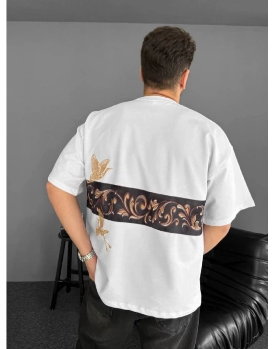 Ön Ve Arka Baskılı Oversize Bisiklet Yaka Tshirt  Beyaz