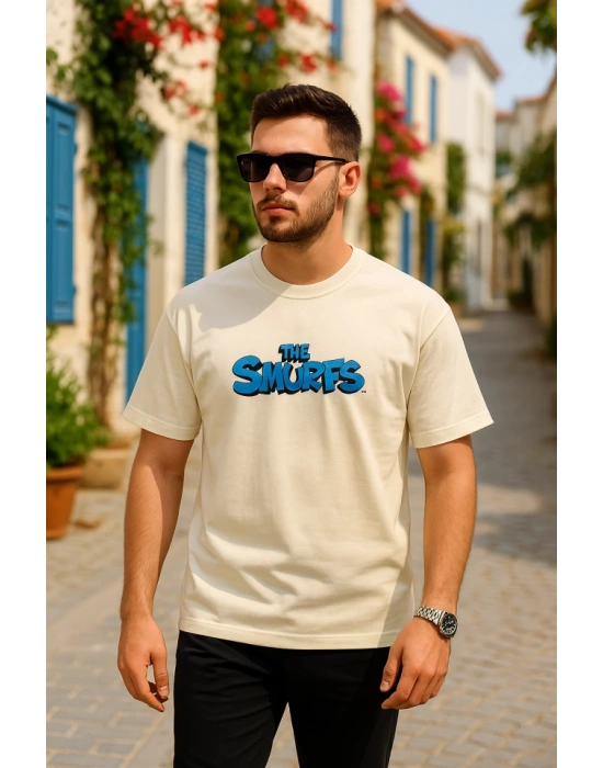 Ön Ve Arka Baskılı Oversize Bisiklet Yaka Tshirt Beyaz