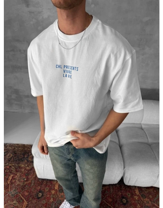 Ön Ve Arka Baskılı Oversize Bisiklet Yaka Tshirt Beyaz