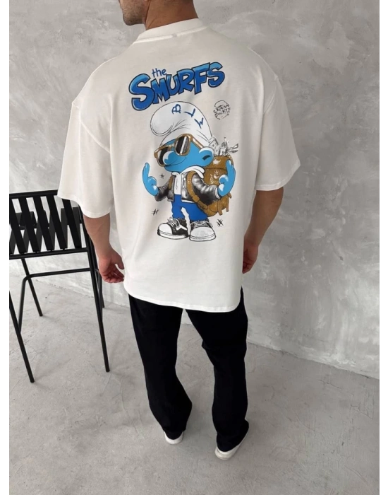 Ön Ve Arka Baskılı Oversize Bisiklet Yaka Tshirt Beyaz