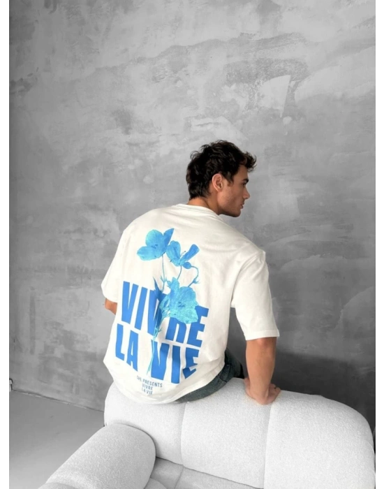 Ön Ve Arka Baskılı Oversize Bisiklet Yaka Tshirt Beyaz