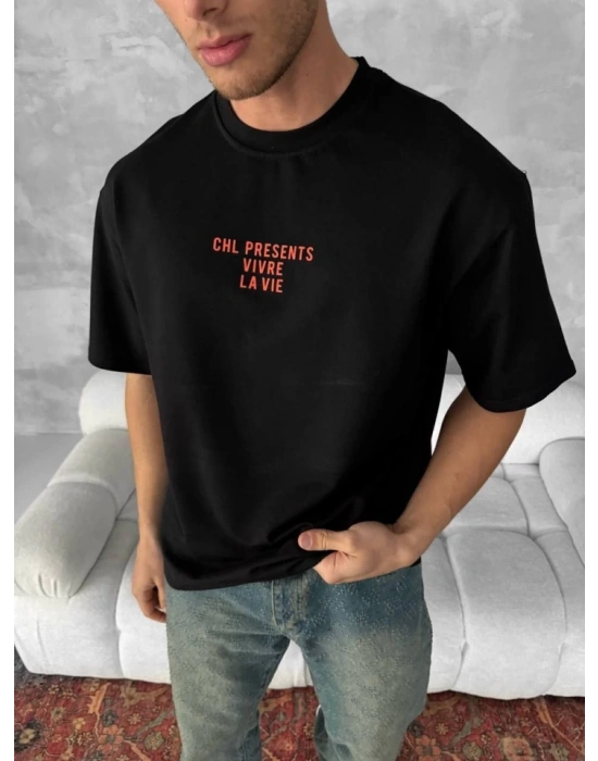 Ön Ve Arka Baskılı Oversize Bisiklet Yaka Tshirt iyah