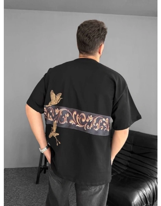 Ön Ve Arka Baskılı Oversize Bisiklet Yaka Tshirt  iyah