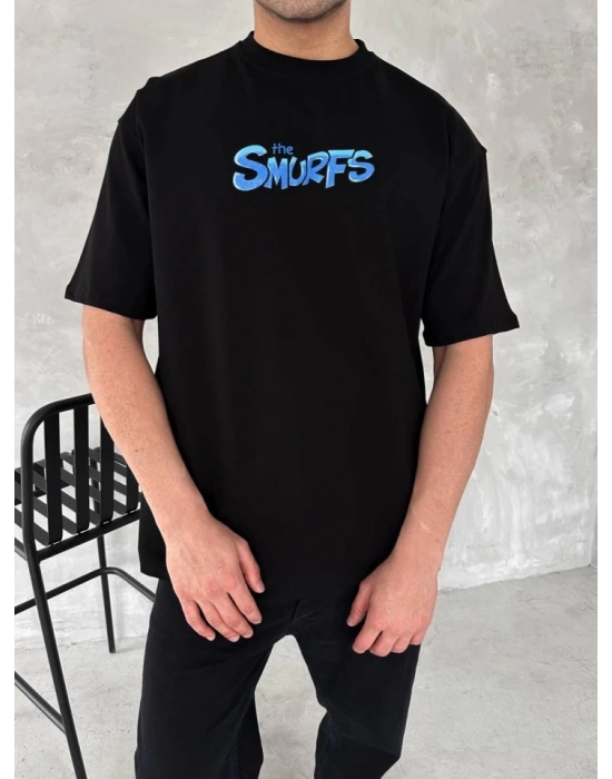 Ön Ve Arka Baskılı Oversize Bisiklet Yaka Tshirt iyah