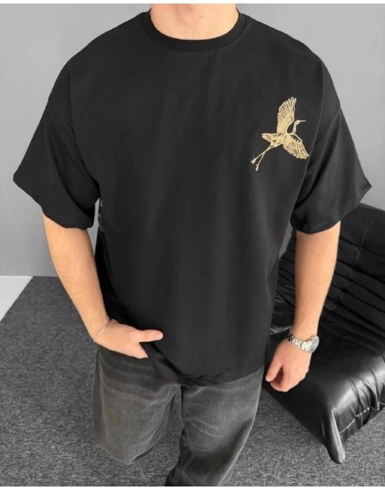 Ön Ve Arka Baskılı Oversize Bisiklet Yaka Tshirt  iyah