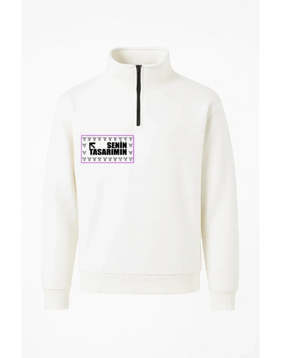 Ön Yarım Fermuarlı Oversize Yakalı Basic weathirt  Beyaz