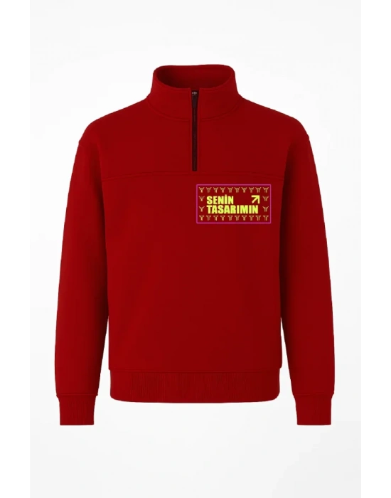 Ön Yarım Fermuarlı Oversize Yakalı Basic weathirt  Kırmızı