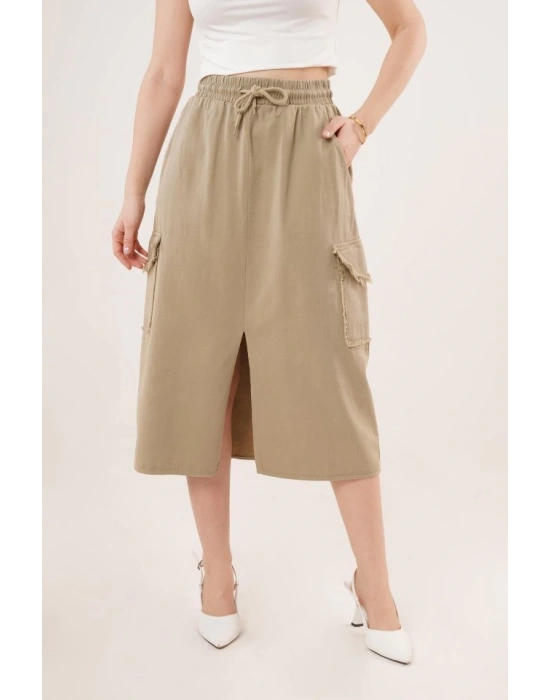 Ön Yırtmaçlı Cep Detaylı Haki Etek