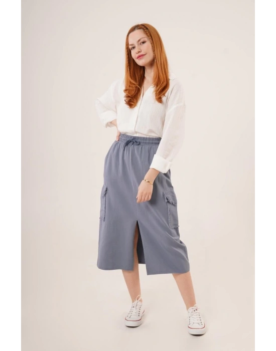 Ön Yırtmaçlı Cep Detaylı İndigo Etek