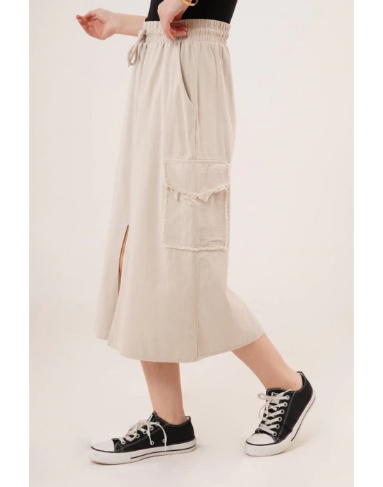 Ön Yırtmaçlı Cep Detaylı Krem Etek