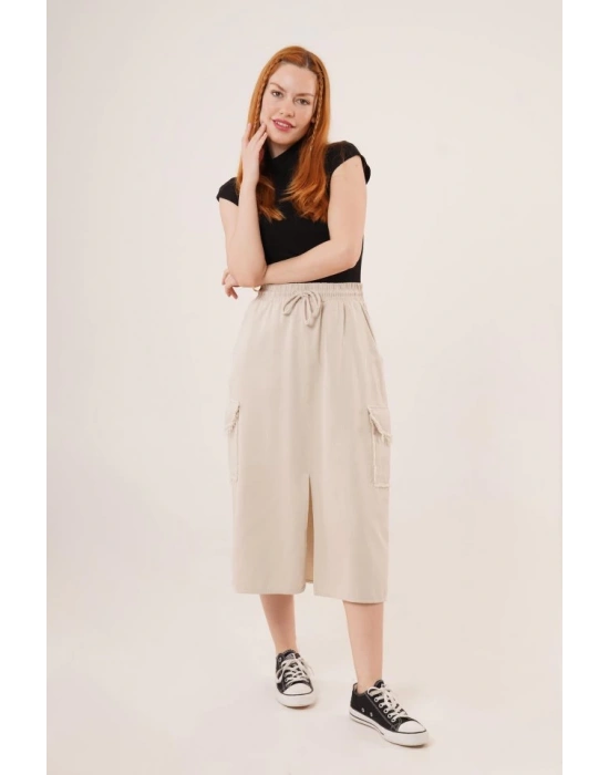 Ön Yırtmaçlı Cep Detaylı Krem Etek