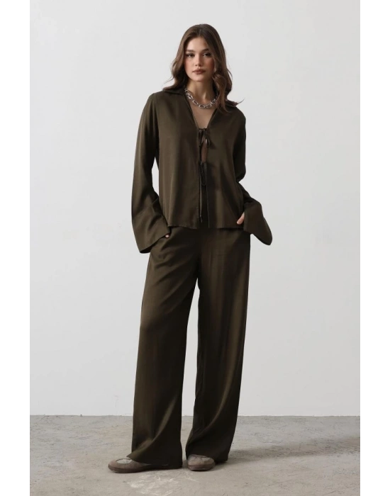 Önden Biyeli Bluz Ve Pantolon Takım  Haki