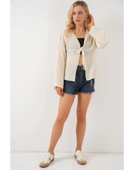 Önü Bağcıklı Bluz 952  Krem