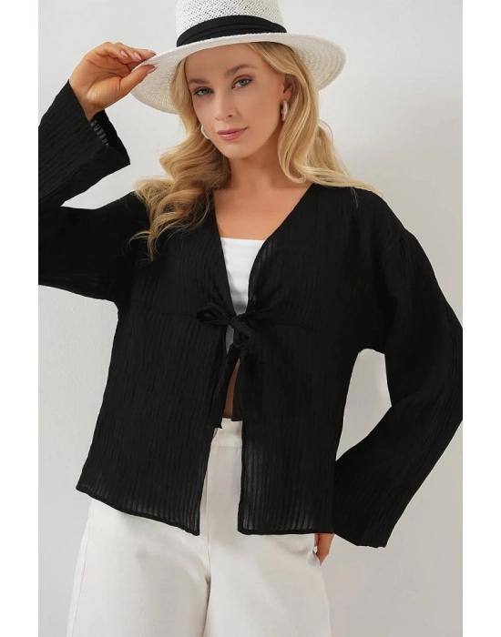 Önü Bağcıklı Bluz 952  Siyah